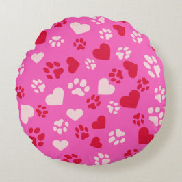 Ronde kussen met kattenpootafdrukken en hartvormen