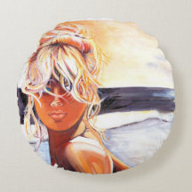 Ronde Kussen met uniek schilderij van blond meisje