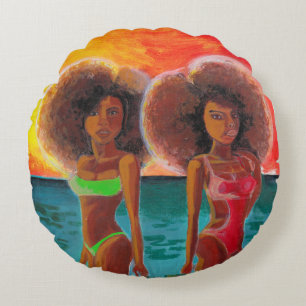 Ronde Kussen uniek schilderij van twee strand Meis