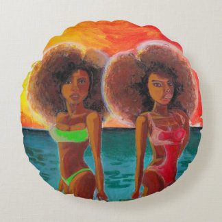 Ronde Kussen uniek schilderij van twee strand Meis