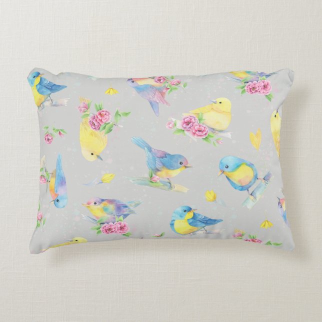 Ronde Kussen Waterverf Vogels en Bloemen Naadloos (Voorkant)