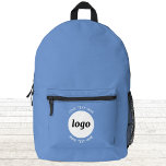 Ronde Logo Tekst Promotie Business Blauw Bedrukte Rugzak<br><div class="desc">Voeg je eigen logo en tekstkeuze toe aan dit ontwerp. Verwijder desgewenst de bovenste of onderste tekst. Minimalistisch en professioneel. Geweldig voor een promotieproduct voor uw klanten en klanten. Uw logo wordt op een witte cirkel geknipt. Voor andere versies,  zie het collectie.</div>