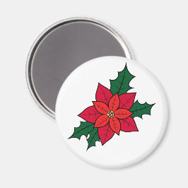 Ronde magneet met een rode kerstpoinsettia