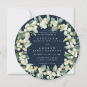 Ronde Navy Snowberry + Eucalyptus krans bruiloft Kaart (Voorkant)