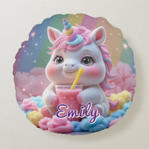 Ronde Rainbow Unicorn Kussen – Bewerkbare naam