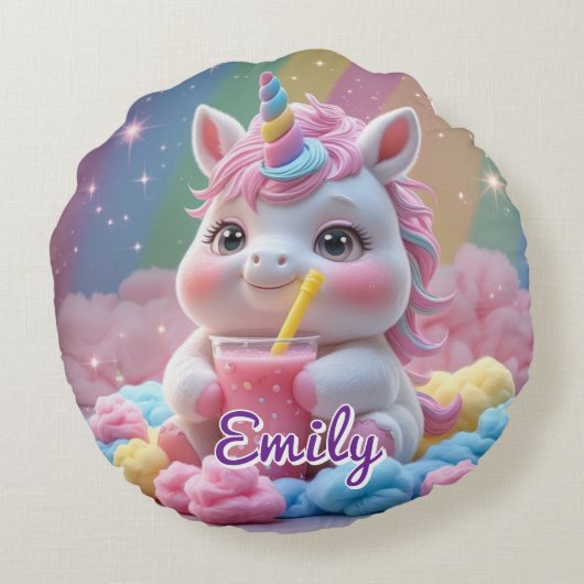 Ronde Rainbow Unicorn Kussen – Bewerkbare naam (Achterkant)