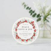 Ronde Red Berries Peace Love + Joy Holiday Kaart (Staand voorkant)