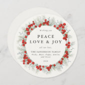 Ronde Red Berries Peace Love + Joy Holiday Kaart (Voorkant / Achterkant)