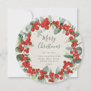 Ronde rode bessen + Eucalyptus Kerstkrans Feestdagenkaart