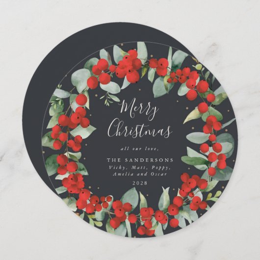 Ronde rode bessen + Eucalyptuskerstmis Feestdagenkaart (Voorkant / Achterkant)