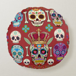 Ronde rode kussen - Gotisch - schedel en botten