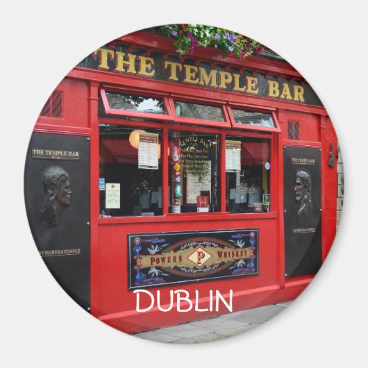 Ronde rode Temple Bar pub magneet met tekst Dublin (Voorkant)