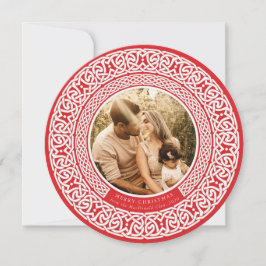 Ronde Rood + Off White Celtic Holiday Photo Card Feestdagenkaart