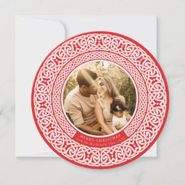 Ronde Rood + Off White Celtic Holiday Photo Card Feestdagenkaart