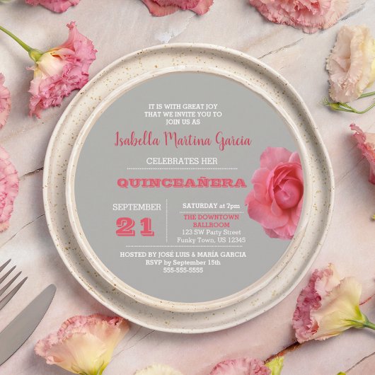 Ronde Roos Grijs Quinceañera Uitnodiging