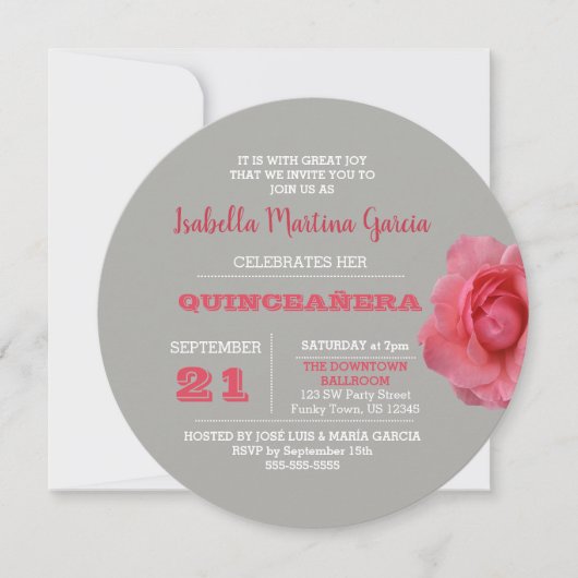 Ronde Roos Grijs Quinceañera Uitnodiging (Voorkant)