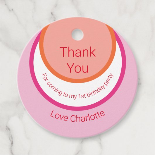 Ronde Roze 1e Verjaardag Bedankjes Labels (Voorkant)