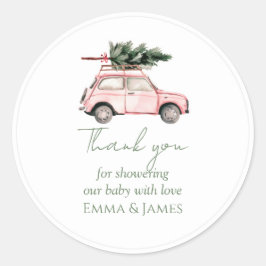 Ronde roze auto & boom kerststicker ronde sticker