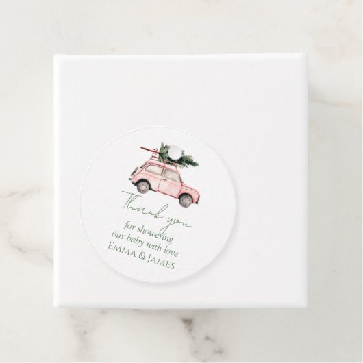 Ronde Roze Auto Kerstvakantie Gift Label (In situ)