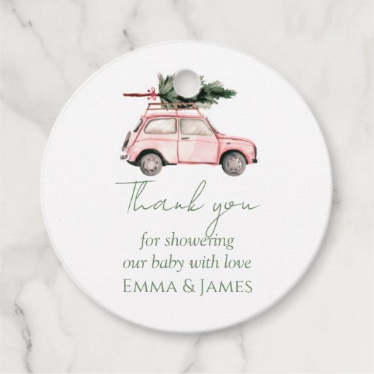 Ronde Roze Auto Kerstvakantie Gift Label (Voorkant)