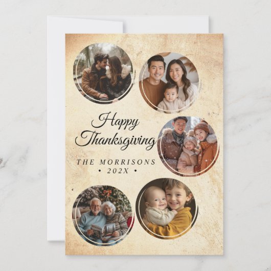 Ronde rustieke collage 5 foto's Happy Thanksgiving Feestdagenkaart (Voorkant)