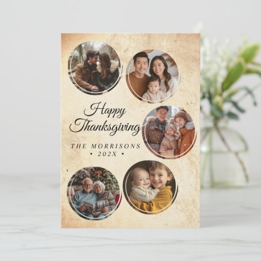 Ronde rustieke collage 5 foto's Happy Thanksgiving Feestdagenkaart (Staand voorkant)