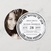 Ronde rustieke trouwuitnodiging inkt stempel foto kaart (Voorkant / Achterkant)