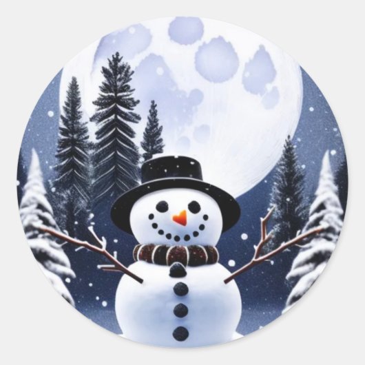 Ronde sneeuwpop stickers onder de maan (Voorkant)
