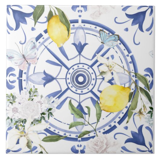 Ronde, , Spaanse tegel, middellandse zee, citroen, Tegeltje (Voorkant)