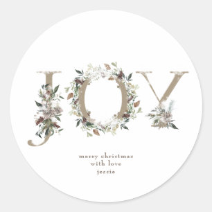 Ronde sticker Kerst JOY Kraft vakantiebloemen