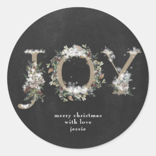 Ronde Sticker Kerst JOY Krijt Vakantiebloemen