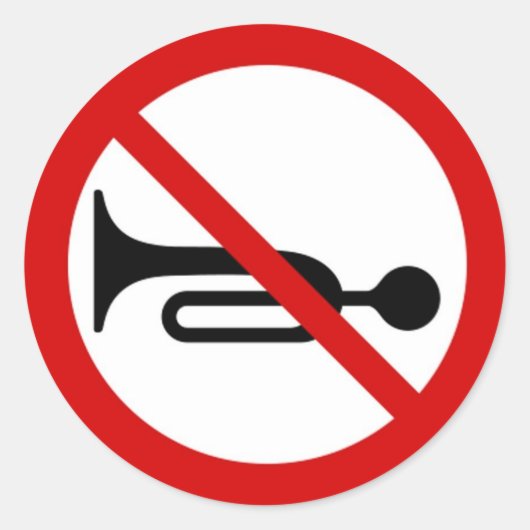 Ronde sticker met hoorn verboden teken. (Voorkant)
