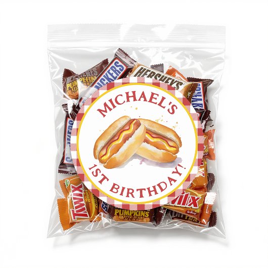 Ronde sticker met hotdog-thema voor verjaardagsfee