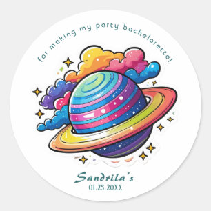 Ronde sticker met ruimteplaneet verjaardagsfeestje