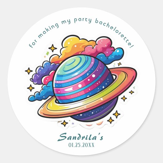 Ronde sticker met ruimteplaneet verjaardagsfeestje (Voorkant)
