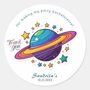 Ronde sticker met ruimteplaneet voor verjaardagsfe