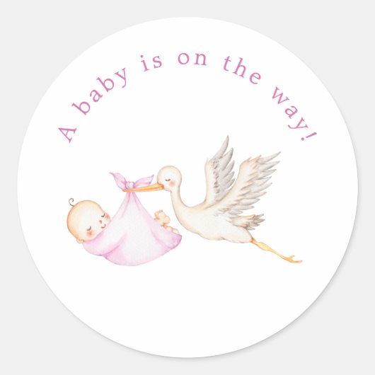 Ronde sticker voor babyfeest met Ooievaar Roze (Voorkant)