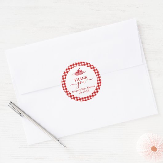 Ronde sticker voor Little Meatball babyfeestje (Envelop)