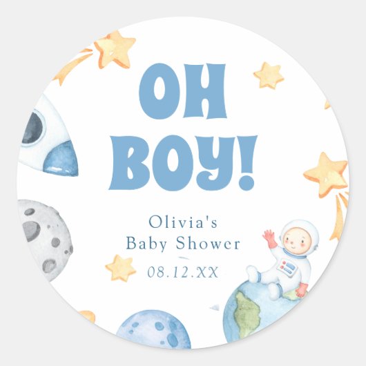Ronde sticker voor Outer Space-babyfeestje (Voorkant)