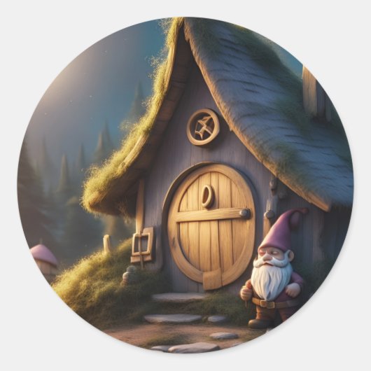 Ronde stickers set met charmante Gnome en cabine (Voorkant)