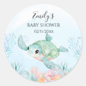 Ronde stickers voor zeeschildpad baby shower (Voorkant)