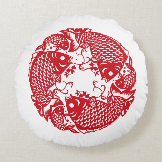 Ronde van de visgroep van Red Whirling Koi Carp Rond Kussen (Voorkant)
