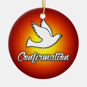 Ronde versiering, confirmatie, duif, rood, religie keramisch ornament