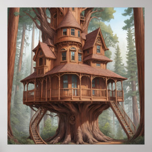 Ronde Victoriaans boomhut in redwood tree Poster