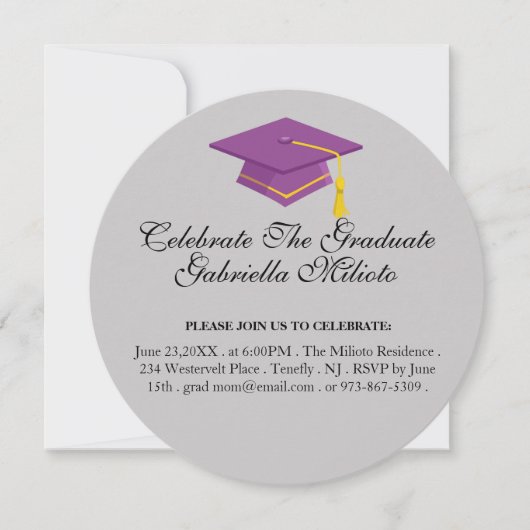 Ronde viering het Afstuderen Paarse Pet uitnodigen Kaart (Voorkant)