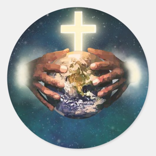 Ronde wereld in handen sticker (Voorkant)