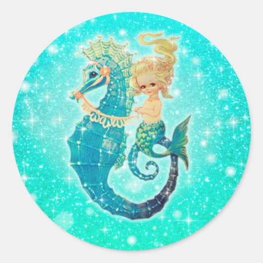 Ronde Zeemeermin Seahorse Aqua Stickers (Voorkant)