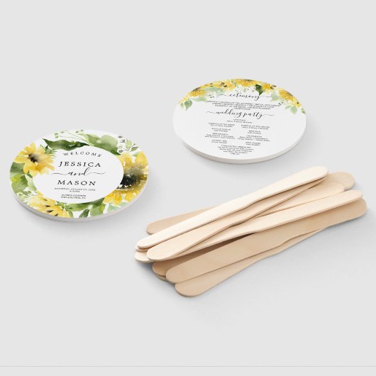 Ronde zonnebloem bruiloft programma fan handwaaier (Niet-gemonteerd)