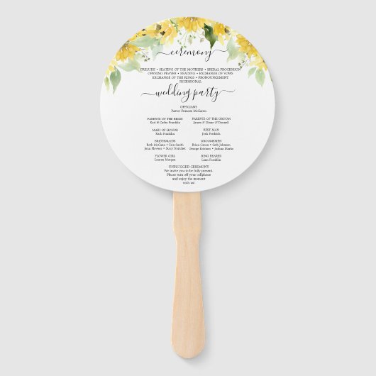 Ronde zonnebloem bruiloft programma fan handwaaier (Achterkant)