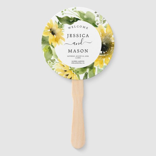 Ronde zonnebloem bruiloft programma fan handwaaier (Voorkant)